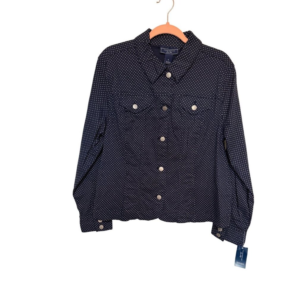 Charter Club Denim Jacket Navy with White Dots Button Up Womans XL NWT